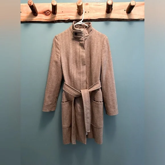 Zara mid-length tweed herringbone wool winter coat - long, oatmeal brown - Picture 1 of 16